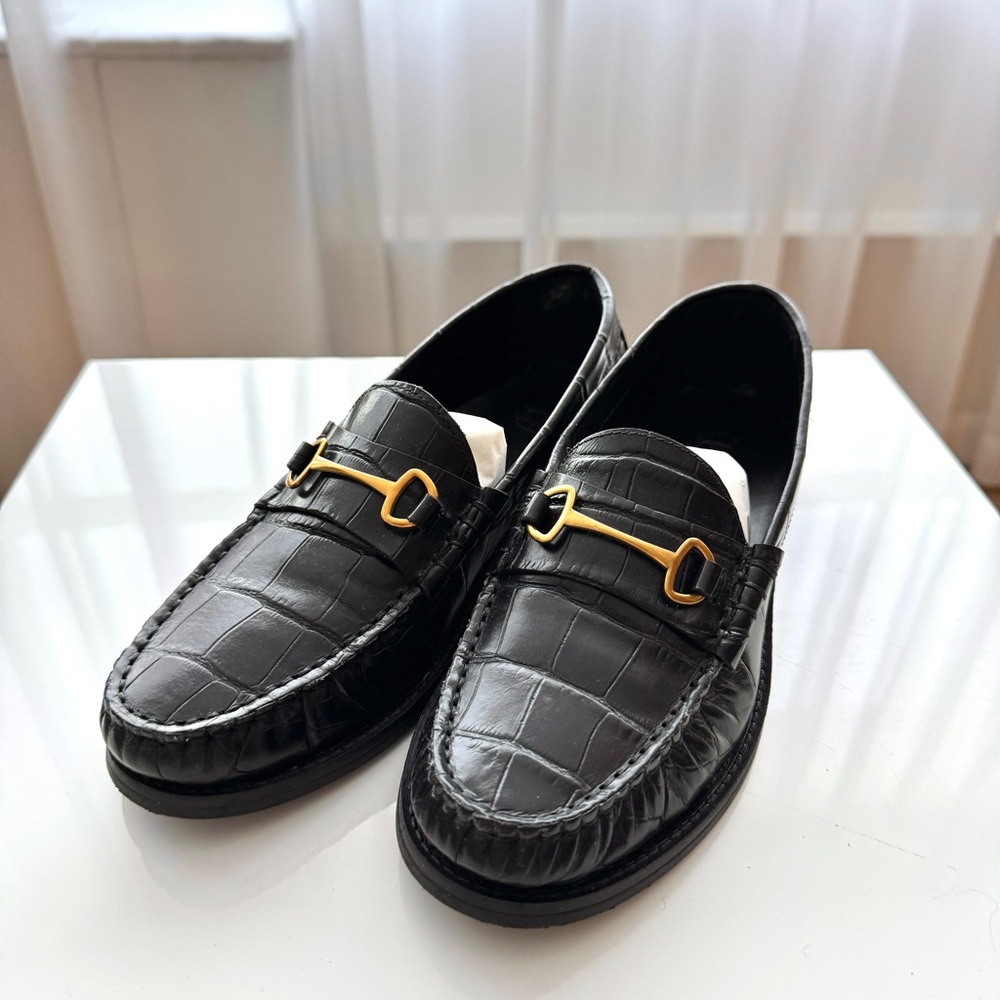 Massimo Dutti Black Croc-Embossed Leather Loafers with Gold Bit
